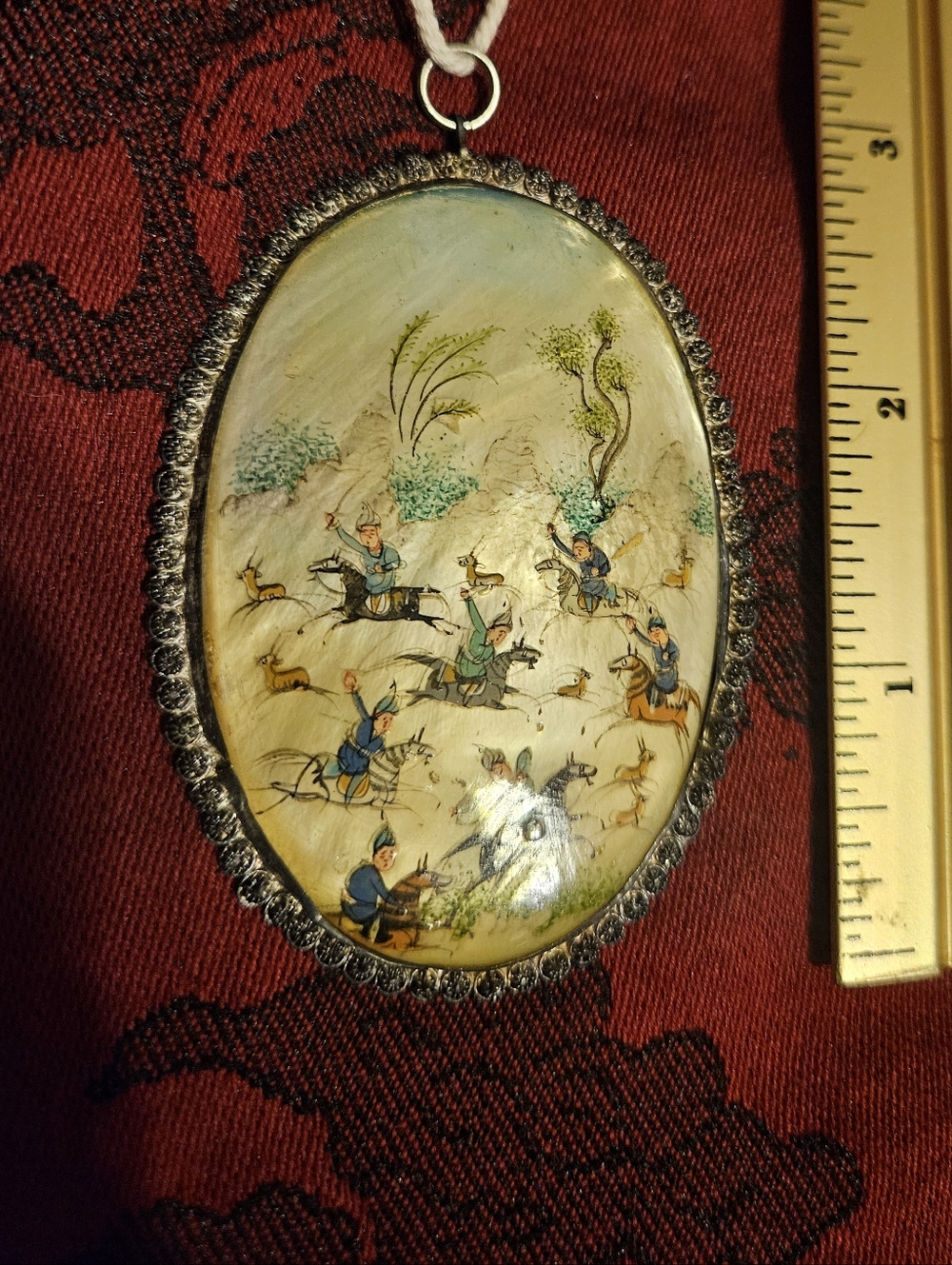 Vintage Hand-Painted Oval Hunting Scene Pendant - Blue, Cream, Green
